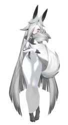 animal_ears blue_eyes blush closed_eyes dya_rikku dya_rikku_(vtuber) female fox_ears fox_tail from_behind full_body furry half-closed_eyes long_hair looking_at_viewer looking_back multiple_tails short_hair simple_background solo standing striped tail vertical_stripes very_long_hair vyugen white_background