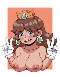 big_breasts breasts female mario_(series) naked nintendo nipples princess_daisy tixxto v_sign