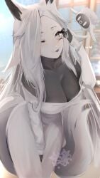 animal_ear_fluff animal_ears artist_name bangs blurry blurry_background blush breasts cleavage dya_rikku_(vtuber) female fox_ears fox_girl fox_tail furry heart large_breasts long_hair long_sleeves looking_at_viewer one_eye_closed purple_eyes shirt silver_hair smile solo standing tail tongue tongue_out vyugen white_hair