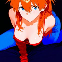 ai_generated anime anime_style ass asuka_langley_sohryu blue_eyes blue_jeans boobs butt cleavage jeans legs_apart legs_spread long_sleeves looking_at_viewer neon_genesis_evangelion on_bed orange_hair red_shirt tits