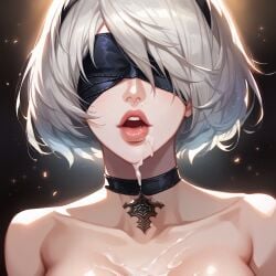 ai_generated blindfold cleavage cum_in_mouth cum_on_face nier:_automata yorha_2b