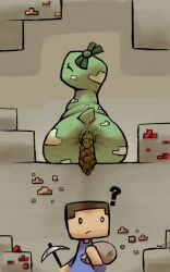 2021 anthro anus ass bag blue_clothing blue_shirt blue_topwear bow_on_head brown_hair closed_eyes clothing creeper_(minecraft) duo eyelashes feces female feral green_body green_bow green_skin green_tail hair human jubb looking_back male mammal microsoft minecraft mojang oblivious pickaxe question_mark raised_tail rear_view redstone relieved scat scut_tail shirt short_tail signature steve_(minecraft) tail tan_body tan_skin topwear white_body white_eyes white_skin xbox_game_studios