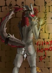 absurd_res anthro ass balls blush bodily_fluids bound chained chains cum cum_on_balls cum_on_butt cum_on_tongue dragon genital_fluids genitals hi_res male mythological_creature mythological_scalie mythology restraints scalie slyfoxyboy solo tongue