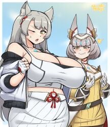 2024 2girls absurd_res alternate_breast_size alternate_version_available big_breasts breast_envy breasts cat_ears catgirl envy female_focus female_only grey_hair huge_breasts long_hair mio_(xenoblade) nia short_hair small_breasts sweatdrop sweating top_heavy tsukiji xenoblade_(series) xenoblade_chronicles_3 yellow_eyes