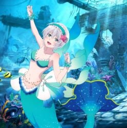 bikini_top blue_bikini blue_eyes breasts cleavage female headband in_the_land_of_leadale looking_at_viewer medium_breasts mermaid mermaid_tail short_hair silver_hair string_bikini