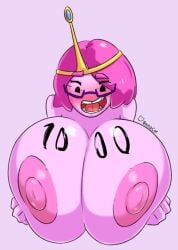 1girls adventure_time big_breasts black_eyes blush body_writing bombcat breasts crown female glasses milestone_celebration nude nude_female pink_body pink_hair princess_bubblegum short_hair solo solo_female