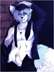 akaro balls blue_eyes blue_fur ear_piercing facial_piercing fluffy grey_fur grey_hair grin hair male male_only muscles necklace necktie ookami-kun penis piercing police public purple_eyes raccoon solo white_fur