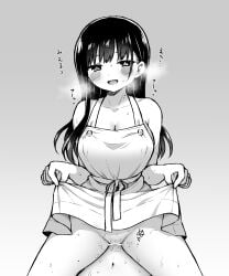 1boy apron apron_lift blush boku_no_kokoro_no_yabai_yatsu breasts breath cleavage clothes_lift collarbone female grey_background greyscale highres ichikawa_kyoutarou large_breasts long_hair looking_at_viewer monochrome naked_apron navel open_mouth sex smile solo_focus sound_effects straddling straight sweat yamada_anna zeroasann