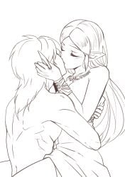 1boy 1boy1girl 1girls arm_around_partner arms_around_partner between_legs between_star blush breasts breath_of_the_wild closed_eyes dress dress_pull earrings elf_ears embrace gauntlets greyscale hand_on_another's_head imminent_sex kissing kneeling link link_(breath_of_the_wild) link_(tears_of_the_kingdom) long_hair monochrome muscular muscular_male necklace partially_clothed pointy_ears princess_zelda romantic romantic_couple shirtless sideboob sitting slight_blush straight tears_of_the_kingdom the_legend_of_zelda topless unseen_male_face very_long_hair white_background wholesome zelda_(breath_of_the_wild) zelda_(tears_of_the_kingdom)