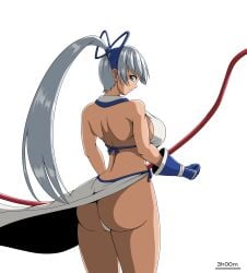 1girls archery ass big_ass big_breasts bikini blue_eyes breasts busty clenched_hand clothes_lift curvy dark-skinned_female dark_skin fat_ass female female_only fingerless_gloves gloves grey_hair hair_ribbon highres huge_ass large_breasts legs long_hair looking_at_viewer looking_back majikina_mina ponytail ribbon sarong sarong_lift sensual serious sideboob snk solo swimsuit thick_thighs thighs thong_bikini voluptuous white_bikini