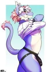 2d 2d_(artwork) absurd_res anthro belly big_penis blue_body blush bulge cheek_tuft clothed clothing clothing_lift colored dragon eyewear facial_tuft femboy fluffy fluffy_tail fur furred_dragon furred_scalie genitals glasses hair heart_eyes heart_symbol hi_res highlights_(coloring) jockstrap male mint_(mocamoca) mocamoca multicolored_body multicolored_hair mythological_creature mythological_scalie mythology penis ponytail raised_clothing raised_shirt raised_topwear scalie shirt shirt_lift side_view simple_background smile smiling_at_viewer smirk smirking_at_viewer solo t-shirt tail taking_off_shirt topwear tuft underwear