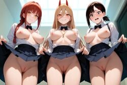 3d ai_generated black_eyes_female black_hair_female blonde_hair_female blush blush_lines bowtie breasts breasts_out chainsaw_man cunningstuntda hair_between_eyes hairclips horns kobeni_higashiyama long_hair_female looking_at_viewer makima_(chainsaw_man) multiple_girls necklace_between_breasts nervous_expression nipples ponytail power_(chainsaw_man) presenting_breasts presenting_pussy pussy red_hair_female single_braid skirt_lift smiling_at_viewer unbottoned_shirt yellow_eyes_female