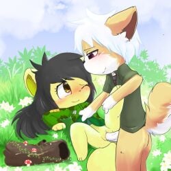 1boy1girl adorable cub cute cute_face first_time_sex grass_field green_background happy_sex legs_spread no_pants no_underwear one_eye_closed penis_in_pussy smile tree_stump