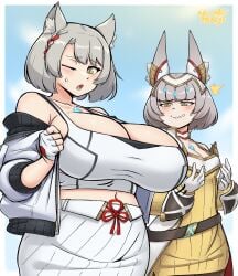 2024 2girls absurd_res alternate_breast_size alternate_version_available big_breasts breast_envy breasts cat_ears catgirl envy female_focus female_only grey_hair huge_breasts mio_(xenoblade) nia short_hair small_breasts sweatdrop sweating top_heavy tsukiji xenoblade_(series) xenoblade_chronicles_3 yellow_eyes