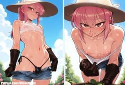 1boy ai_generated bare_midriff blue_sky blushing_at_viewer brown_eyes color erect_nipples femboy garden hi_res looking_at_viewer original_character patreon pink_hair presenting_chest pulling_clothing pulling_down_pants see-through_clothing sun_hat sweating thong uncensored wienergens