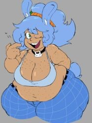 belly big_belly blue_hair brown_skin chubby chubby_female cleavage freckles friday_night_funkin looking_at_viewer pegaka_(artist) short_hair tagme