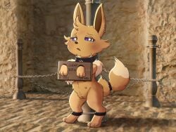 4:3 anemone_(sleepyanemone) blush bondage bondage bound brown_body brown_fur canid chained chains collar degradation digital_media_(artwork) eevee english_text female feral for_sale fur generation_1_pokemon genitals humanoid_genitalia humanoid_genitalia_on_feral humanoid_pussy humanoid_pussy_on_feral looking_at_viewer mammal multi_nipple nintendo nipples nude outside piercing pokemon pokemon_(species) profanity public public_exposure public_nudity pussy restraints slave slave_market solo submissive tail text zeklullaby