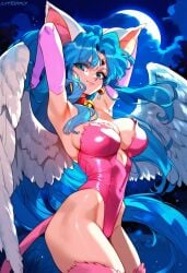 2d ai_generated animal_ears aqua_hair blue_hair cat_ears elbow_gloves female female_focus female_only houma_hunter_lime leotard long_hair solo solo_female solo_focus tagme wings