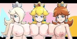 3girls alternate_version_available big_breasts blonde_hair blue_eyes breasts breasts_bigger_than_head breasts_to_breasts brown_hair crown earrings gem gemstone gold_crown luckerabbit6 luckerabbit9 mario_(series) mrlucke naked nintendo nipple_touching nipples nipples_rubbing princess_daisy princess_peach princess_rosalina sexy silver_crown super_mario_bros. super_mario_galaxy super_mario_land tagme