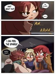 1futa 2girls artlaccer_(artist) blush comic dialogue embarrassed fellatio female freckles futanari kim_pine ramona_flowers red_hair roxanne_richter scott_pilgrim text