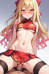 actualtrashhuman ai ai_generated asian_clothing blonde_hair blonde_to_pink_hair blush chinese_clothes clothed_sex groin long_hair red_skirt revealing_clothes skimpy_clothes skirt slutty_clothing underboob waitress_uniform