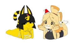 2girls :< :3 animal animal_crossing animal_ears animal_nose ankha anthro anthro_only bandages bangs bare_shoulders barefoot black_eyes black_hair black_shirt black_shorts blonde_hair blunt_bangs blunt_ends blush bob_cut body_fur bracelet breasts bright_pupils canine canis cat_ears cat_girl cat_tail closed_mouth clothing collar colored_skin crop_top denim_shorts dog_ears dog_girl dog_tail doubutsu_no_mori egyptian facial_mark feet female fur furry furry_female hair hair_ornament happy isabelle_(animal_crossing) jewelry large_breasts legs_together long_hair looking_at_viewer lying lying_on_stomach mammal medium_breasts medium_hair midriff multiple_girls nail_polish naked_bandage navel nile_(doubutsu_no_mori) q_qringo sarashi shih_tzu shiny_hair shirt shizue_(doubutsu_no_mori) short_hair short_shorts shorts sitting sleeveless sleeveless_shirt smile snake_hair_ornament solo spiked_collar spikes striped_tail tail tail_wagging thick_thighs thighs topknot toy_dog white_pupils yellow_body yellow_fur yellow_skin