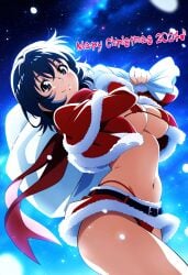 1girls big_breasts bikini blue_eyes blue_hair breasts busty character_request christmas cleavage female female_only hi_res large_breasts looking_at_viewer midriff navel red_bikini santa_costume santa_hat sensual short_hair skirt smile snow snowing solo thong_bikini underboob voluptuous whale_tail