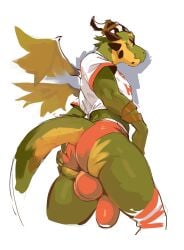 anthro ass balls_outline big_bulge big_butt biped bottomwear bulge butt_grab clothed clothing darkgem detailed_bulge dragon femboy femboy_hooters footwear genital_outline green_body hand_on_butt hi_res hooters_uniform horn icarus_(darkgem) legwear looking_at_viewer male male_anthro mythological_creature mythological_scalie mythology pattern_clothing pattern_footwear pattern_legwear pattern_socks penis_outline scalie shorts simple_background smile socks solo stockings striped_clothing striped_footwear striped_legwear striped_socks stripes tail wings