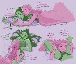 bed bedroom black_hair blonde_hair blushing elphaba female female_only glasses glinda good_witch_of_the_north green_skin hair imminent_sex long_hair paiges_of_art panties spread_legs the_wizard_of_oz wicked wicked_(movie) wicked_witch_of_the_west yuri