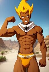 abs ai_generated biceps blush dark_skin flexing flexing_arms gay jockstrap jockstrap_only looking_at_viewer male male_only muscular muscular_male nipples nude_male orange_hair pecs smile toned_body toned_male tristepin twall97 wakfu