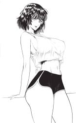 artist_signature fubuki_(one-punch_man) large_breasts lipstick looking_at_viewer midriff monochrome mostlybluewyatt one-punch_man short_hair shorts