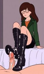 bootjob brown_hair cum daria daria_morgendorffer glasses green_jacket mtv patent_boots pov skirt