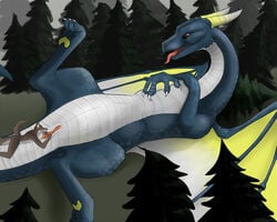 anthro anthro_on_feral belly blue_scales canine color day deathlight dragon female feral feral_penetrated heat interspecies lying male male_on_feral nature on_back outdoors scales sex size_difference sizeplay spreading straight white_belly wolf zoophilia