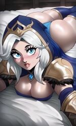 1female 1girls ai_generated ashe_(league_of_legends) ass bed big_ass blue_dress blue_eyes blue_hood blue_skirt blue_thighhighs blush breasts brown_belt bubble_butt butt_wiggle cape cheating_wife cleavage dat_ass female female_only golden_armor hood_up huge_ass in_bed league_of_legends long_hair looking_at_viewer lying_on_stomach mature_female medium_breasts on_stomach panties parted_bangs prone round_ass shiny_skin shoulder_armor solo solo_female thick thick_ass thick_thighs thigh_boots thighs thong vambraces voluptuous voluptuous_female white_hair wide_hips