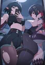 2girls big_breasts breasts ellen_joe jane_doe_(zenless_zone_zero) mirror pose posing ripped_clothing selfie sidillusts thick_thighs thighs zenless_zone_zero