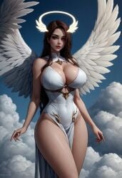 ai_generated angel angel_wings breasts brown_hair female female_only halo huge_breasts legs seductive sexy_legs white_panties wings