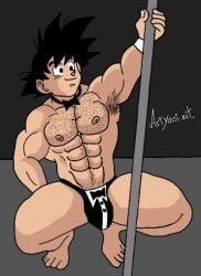 1boy bara black_hair dancer dragon_ball gay goku male_stripper muscular_male thick_thighs