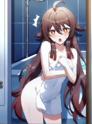 :o ^^^ absurd_res ahoge ai_generated bare_shoulders bath bathing bathroom bathtub blush breasts brown_hair collarbone covered_navel covering_breasts covering_privates cowboy_shot female flower-shaped_pupils genshin_impact groin hair_between_eyes holding holding_towel hu_tao_(genshin_impact) indoors long_hair looking_at_viewer medium_breasts ministro multicolored_hair nude nude_cover open_mouth red_eyes shower shower_head sidelocks small_breasts solo standing surprised symbol-shaped_pupils teeth thighs tile_wall tiles towel twintails upper_teeth_only very_long_hair water water_drop wet wet_hair