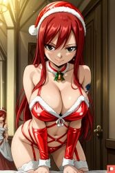 ai_generated bed bedroom big_breasts blush brown_eyes choker christmas christmas_clothing christmas_outfit erza_scarlet fairy_tail female half_naked huge_breasts indoors long_hair looking_at_viewer nipple_bulge nipples omega_weirdo patreon red_hair sexy_outfit sleeves smile smiling_at_viewer tattoo