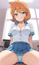 :q ai_generated asymmetrical_hair bangs blue_bra blue_panties blue_skirt blue_underwear blush bra breasts cameltoe chair classroom clavicle cleavage closed_mouth clothing collared_shirt desk female female female_only green_eyes hair_between_eyes indoors kasumi_(pokemon) kasumi_(pokemon) large_breasts legs looking_at_viewer miniskirt misty_(pokemon_hgss) navel open_mouth orange_hair pantsu pleated_skirt pokemon pokemon_character school_desk school_uniform shiny_skin shirt short_hair short_sleeves sitting skirt smile solo spread_legs thick_thighs thighs tongue tongue_out underwear uniform white_shirt window