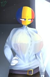 1girls 44waa29304 clothed countryhumans countryhumans_girl hand_on_hip huge_breasts multicolored_eyes nipples_visible_through_clothing no_sex romania_(countryhumans) sfw tagme tired_expression tired_eyes