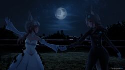 2girls 3d animal_ears dancing dress flyingcookie fox_ears fox_girl fox_tail gray_hair green_eyes happy honkai:_star_rail honkai_(series) koikatsu moon night qingque_(honkai:_star_rail) stelle_(honkai:_star_rail) suit trailblazer_(honkai:_star_rail) wholesome yellow_eyes yuri