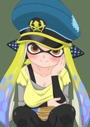 1girls agent_3_(splatoon) agent_3_(splatoon_3) big_breasts blush bra_strap breasts captain_hat cleavage dark_green_background green_background inkling inkling_girl long_hair looking_at_viewer nintendo orange_eyes simple_background splatoon splatoon_3 splatoon_3:_return_of_the_mammalians tentacle_hair two_tone_hair yawake