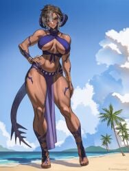 abs au_ra beach bikini breasts final_fantasy_xiv looking_at_viewer muscular muscular_female red_eyes seventeencrows tail underboob