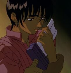 1990s 1girls anime berserk black_eyes black_hair broken_sword candlelight casca contemplating dark-skinned_female embrace fit_female full_lips hugging_object lonely medieval_clothing pink_clothing sad screencap short_hair solo solo_female sword two-handed_sword