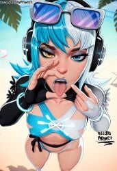 1girls ai_generated beach bikini bikini_bottom bikini_top blue_hair colored_hair earphones eyelashes fellatio_gesture female_focus focus heterochromia horny_female inviting inviting_to_oral killjoyproject light-skinned_female looking_at_viewer looking_up luna_snow_(cool_summer) luna_snow_(marvel_rivals) makeup marvel marvel_rivals medium_breasts medium_hair one-piece_swimsuit open_mouth saliva sleeveless solo_female solo_focus sunglasses sunglasses_on_head swimsuit two_tone_hair white_hair
