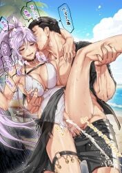 1boy absurdres anal beach black_hair blush breasts cheating choker commission commissioner_upload covered_nipples female female_ejaculation fire_emblem fire_emblem:_genealogy_of_the_holy_war fire_emblem:_thracia_776 highres ishtar_(fire_emblem) kusu_(moo1225) leg_up licking licking_another's_neck long_hair male_swimwear netorare nipple_stimulation nipple_tweak nipples non-web_source ntr palm_tree pectorals ponytail purple_eyes purple_hair reinhardt_(fire_emblem) saliva saliva_drip sex skeb_commission swim_trunks swimsuit tears tree veins