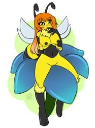 anthro bee black_sclera blush breasts candykittycat female finger_in_mouth flower hair insects micro orange_hair pussy stinger sucking_on_finger yellow_eyes