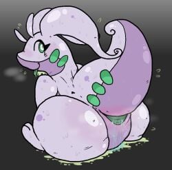 animal_genitalia bahamutgreen bodily_fluids breath cloaca cloaca_juice female feral generation_6_pokemon genital_fluids genitals goodra green_cloaca green_tongue horizontal_cloaca looking_back nintendo pokemon pokemon_(species) purple_body simple_background slime solo steam sweat tongue tongue_out