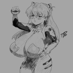 angry asuka_langley_sohryu big_ass big_breasts big_butt blush blush flushed flustered huge_breasts large_breasts long_hair neon_genesis_evangelion neopn_genesis_evangelion plugsuit shaking_fist skin_tight skinsuit teztaz thicc_thighs tsundere